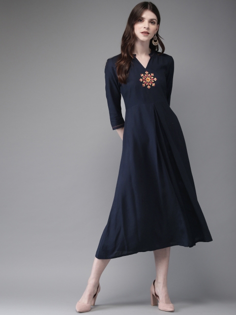 

Anouk Women Navy Blue Solid Embroidered A-Line Kurta