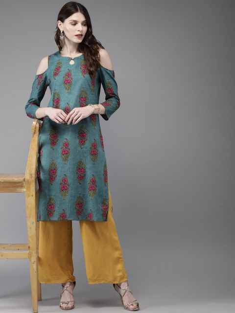 

Anouk Women Teal Blue Cold-Shoulder Printed Straight Kurta