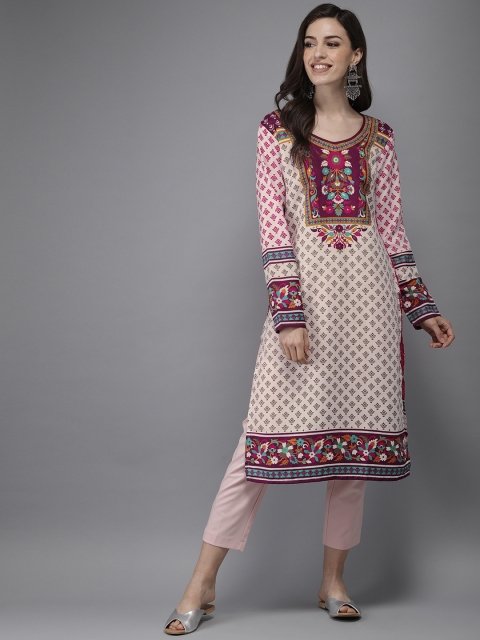 

Anouk Women Off-White & Pink Printed Straight Kurta