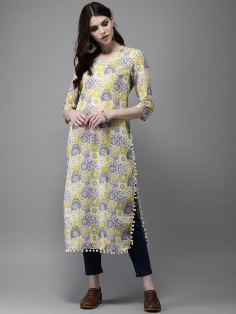 

Anouk Women Off-White & Yellow Printed Straight Kurta