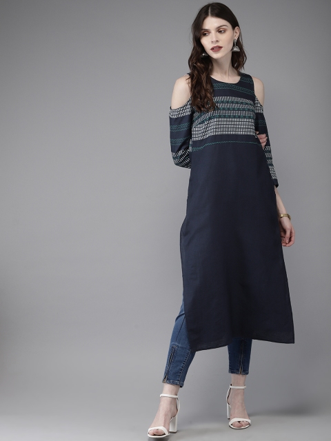 

Anouk Women Navy Blue & White Printed A-Line Kurta