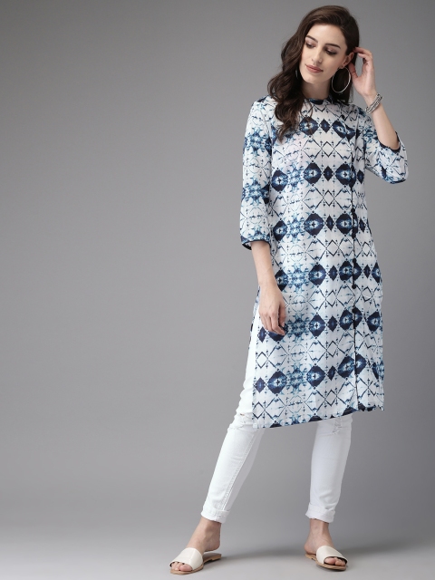 

Anouk Women White & Blue Printed Straight Kurta