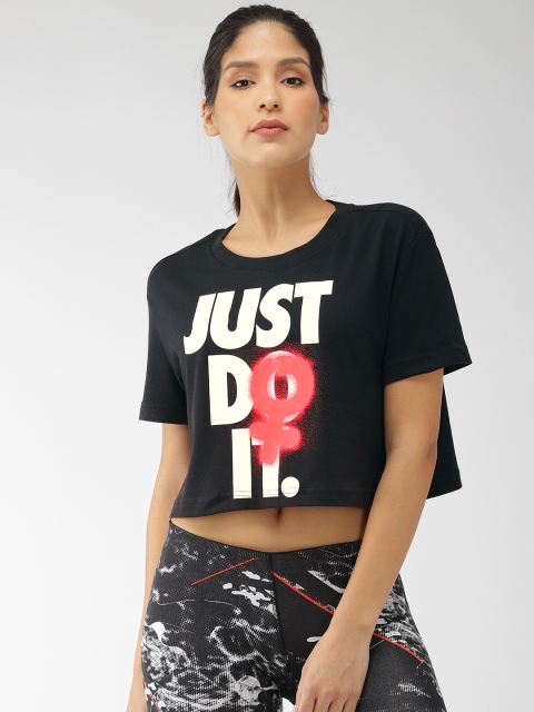

Nike Women Black & White Printed Round Neck Boxy Fit REBEL 2 Crop T-shirt