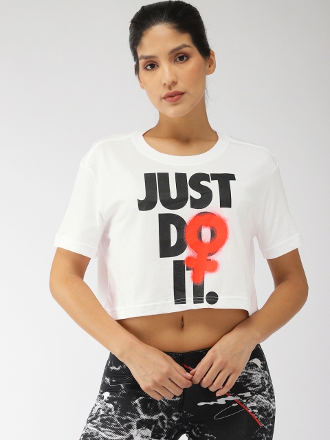 

Nike Women White & Black Printed Round Neck Boxy Fit REBEL 2 Crop T-shirt