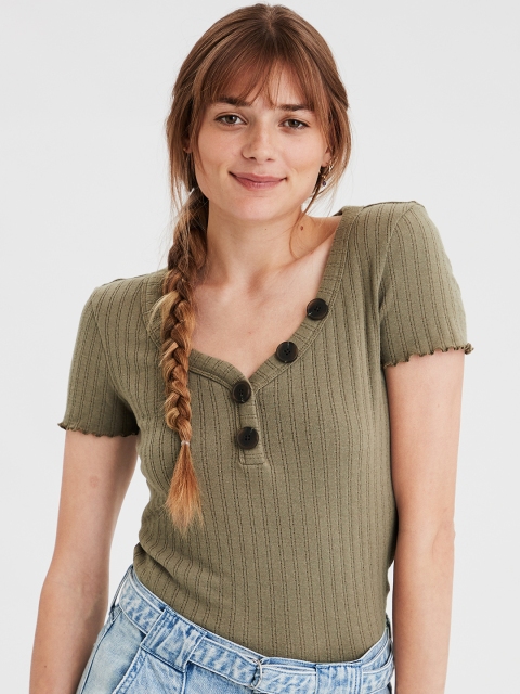 

AMERICAN EAGLE OUTFITTERS Women Olive Green Solid Henley Neck Knitted T-shirt