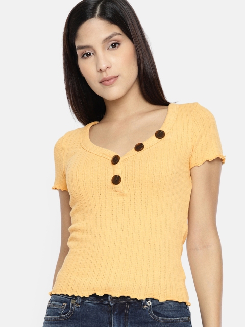 

AMERICAN EAGLE OUTFITTERS Women Yellow Solid Regular Top