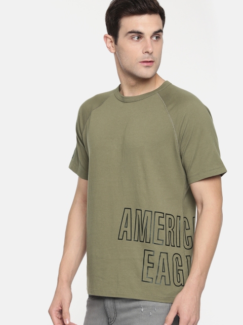 

AMERICAN EAGLE OUTFITTERS Men Olive Green Printed Round Neck Pure Cotton T-shirt