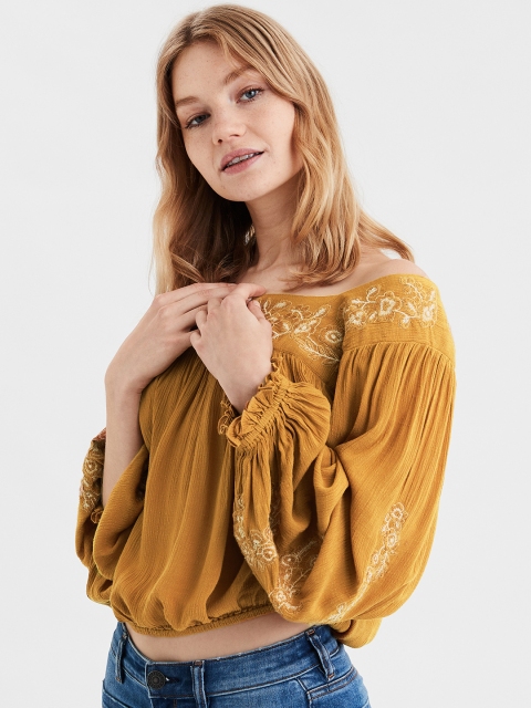 

AMERICAN EAGLE OUTFITTERS Women Mustard Yellow Embroidered Top