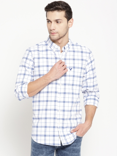 

AMERICAN EAGLE OUTFITTERS Men White & Blue Slim Fit Checked Casual Shirt