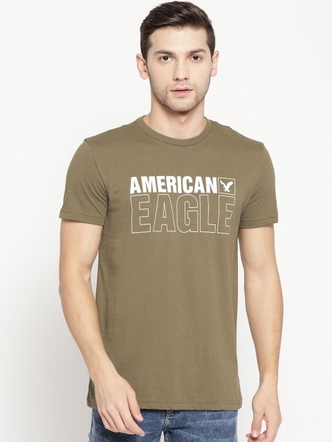 

AMERICAN EAGLE OUTFITTERS Men Olive Green & White Classic Fit Printed Round Neck T-shirt