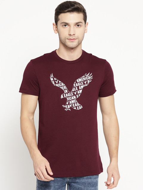 

AMERICAN EAGLE OUTFITTERS Men Burgundy & White Printed Round Neck T-shirt
