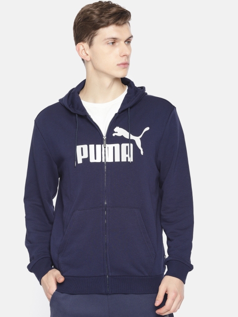 

Puma Men Navy Blue & White Printed Hooded ESS FZ Sweatshirt