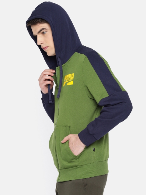 

Puma Men Green & Navy Blue Solid Rebel Block FZ FL Garden Hooded Sweatshirt