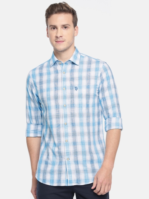 

U.S. Polo Assn. Men White & Blue Checked Slim Fit Casual Shirt
