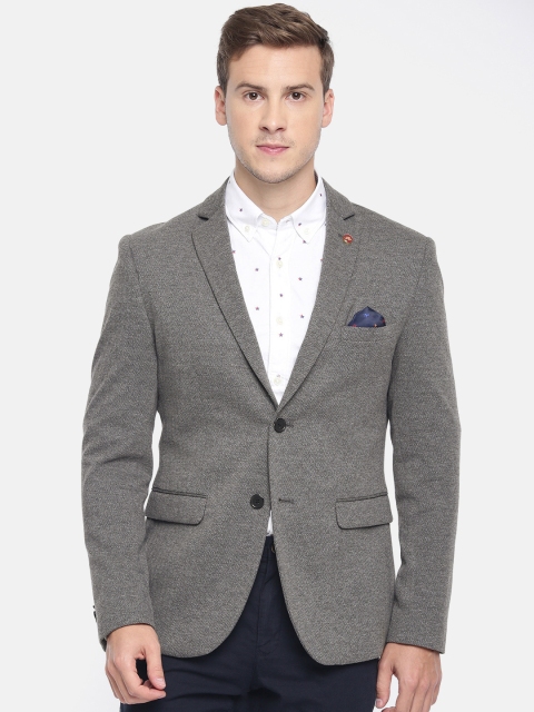 

U.S. Polo Assn. Men Grey & Black Self Design Slim Fit Single-Breasted Smart Casual Pure Cotton Blazer
