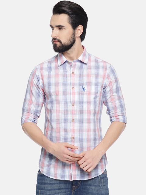 

U.S. Polo Assn. Men Coral Pink & White Tailored Fit Checked Casual Shirt