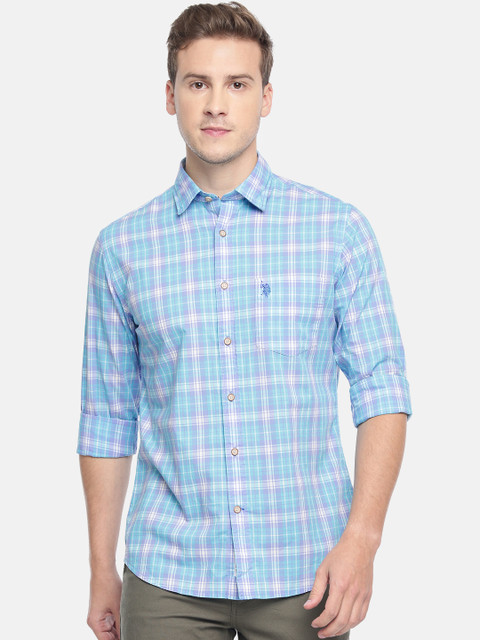 

U.S. Polo Assn. Men Blue & White Tailored Fit Checked Casual Shirt