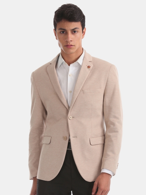 

U.S. Polo Assn. Men Khaki Self Design Slim Fit Single Breasted Pure Cotton Blazer