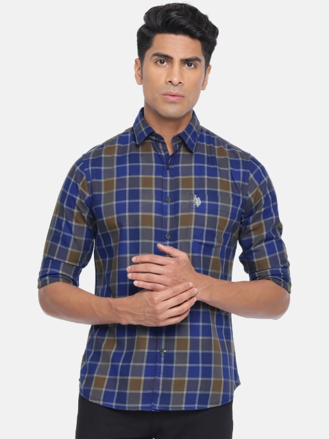 

U.S. Polo Assn. Men Navy Blue & Brown Tailored Fit Checked Casual Shirt