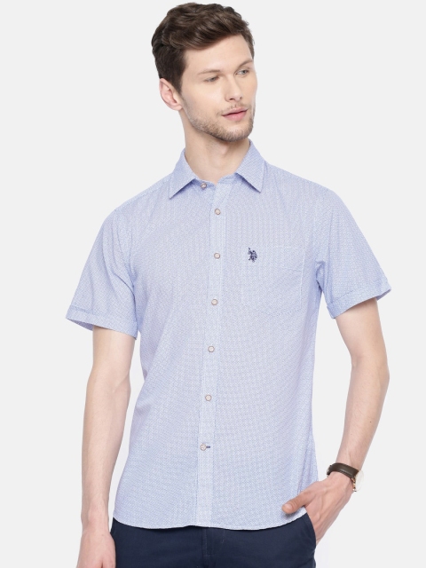 

U.S. Polo Assn. Men White & Navy Blue Slim Fit Printed Casual Shirt