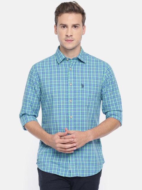 

U.S. Polo Assn. Men Blue & Green Checked Slim Fit Casual Shirt