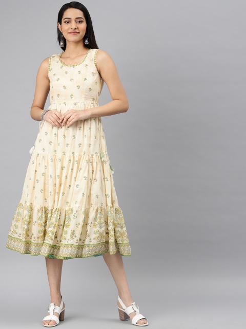 

Biba Women Cream-Coloured & Green Floral Printed Flared Tiered Dress