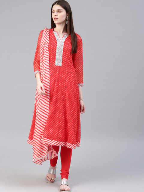 

Biba Women Red & White Printed Kurta with Churidar & Dupatta