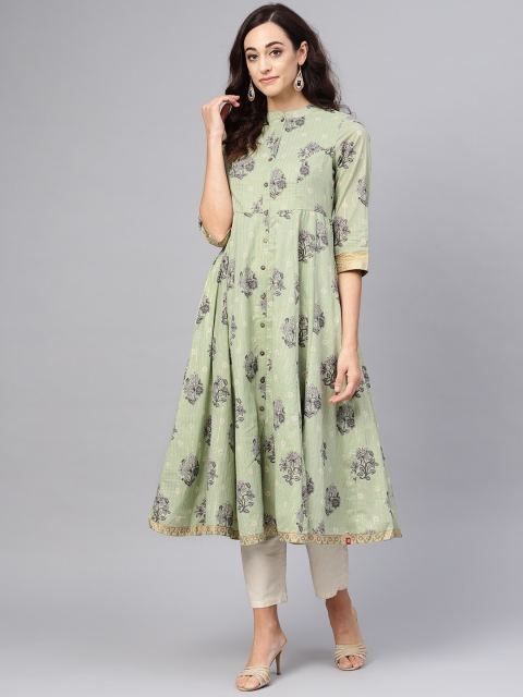 

Biba Women Green & Grey Printed Empire Anarkali Kurta