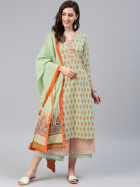 

Biba Women Sea Green & Orange Printed Kurta with Palazzos & Dupatta