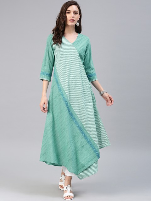 

Biba Women Turquoise Blue & Off-White Striped Asymmetric Anarkali Kurta
