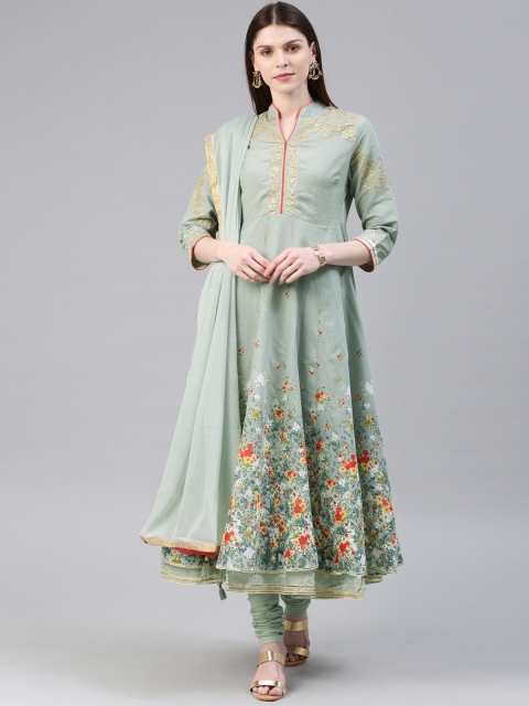 

Biba Women Sea Green Printed Kurta with Churidar & Dupatta