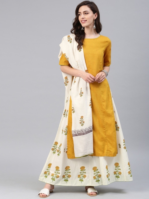 

Biba Women Mustard Yellow & Off-White Self Design Kurta with Palazzos & Dupatta