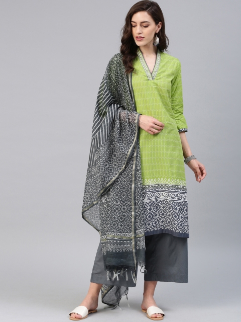 

Biba Women Green & Charcoal Grey Printed Kurta with Palazzos & Dupatta