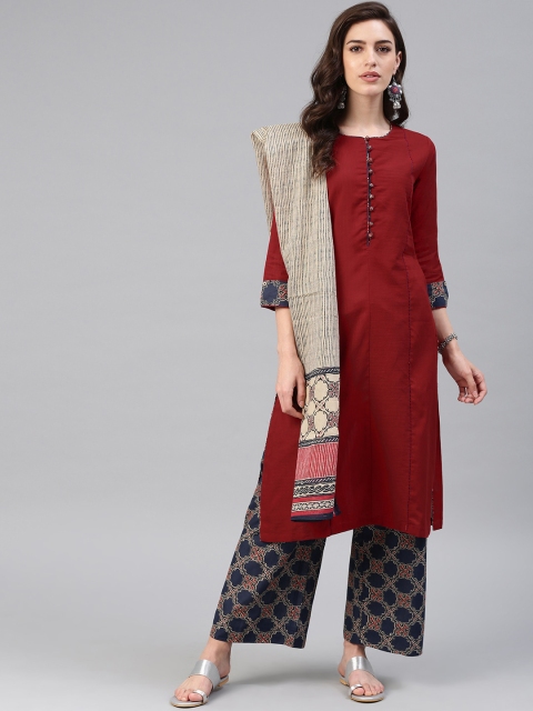 

Biba Women Maroon & Blue Printed Kurta with Palazzos & Dupatta