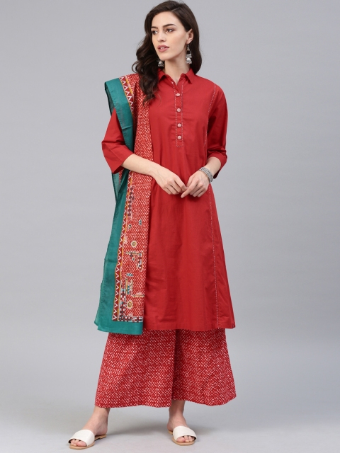 

Biba Women Red Solid Kurta with Palazzos & Dupatta