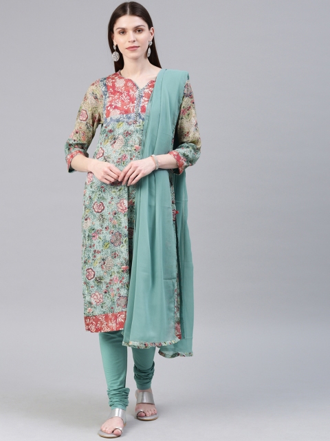 

Biba Women Teal Blue & Green Printed Kurta with Churidar & Dupatta