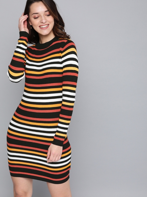 

Mast & Harbour Women Black & Mustard Yellow Striped Sweater Dress