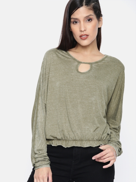 

Roadster Women Olive Green Solid Blouson Top