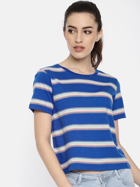 

AMERICAN EAGLE OUTFITTERS Women Blue White Striped Round Neck Pure Cotton T-shirt