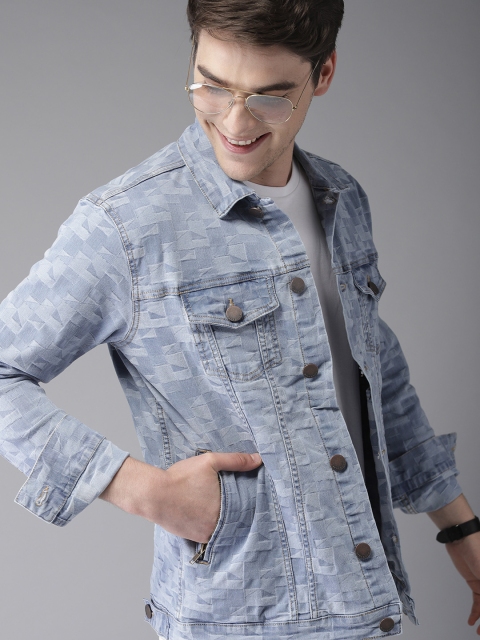 Men Blue Checked Denim Jacket