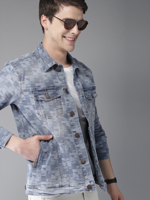 

HERE&NOW Men Blue Checked Denim Jacket