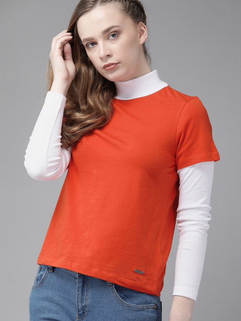 

The Roadster Lifestyle Co Women Rust Orange Solid High Neck Pure Cotton T-shirt