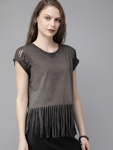

Roadster Women Charcoal Grey Solid Regular Fringed Pure Cotton Top