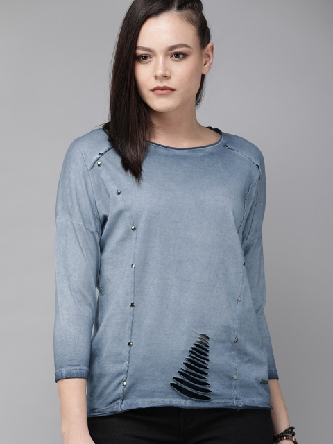 

Roadster Women Blue Dyed Pure Cotton Top With Cut Out Detail