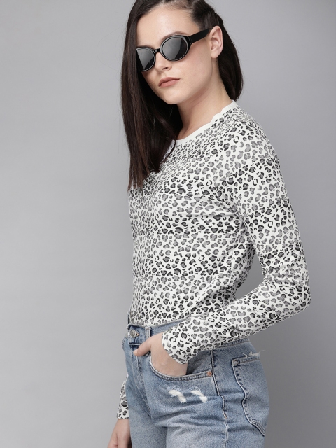 

Roadster Women White & Grey Animal Printed Round Neck T-shirt