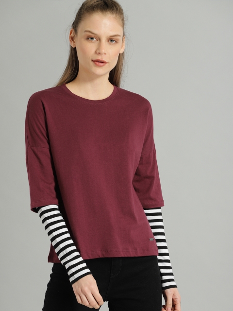 

Roadster Women Burgundy Solid Round Neck T-shirt