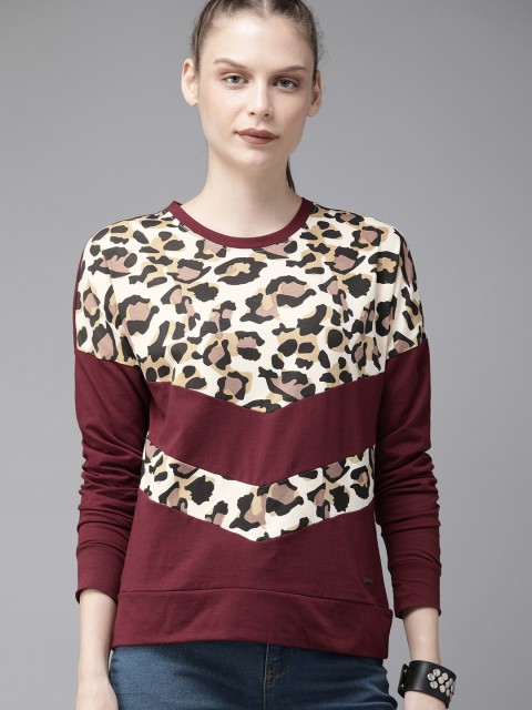 

Roadster Women Maroon& Beige Animal Printed Round Neck T-shirt