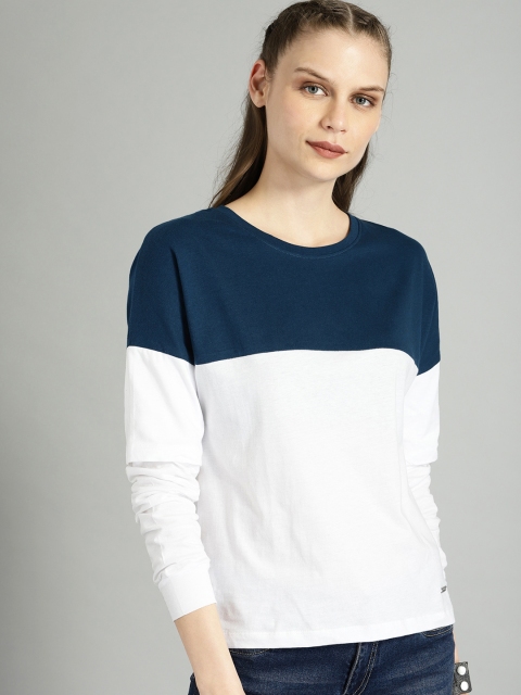 

Roadster Women White & Navy Blue Colourblocked Round Neck T-shirt