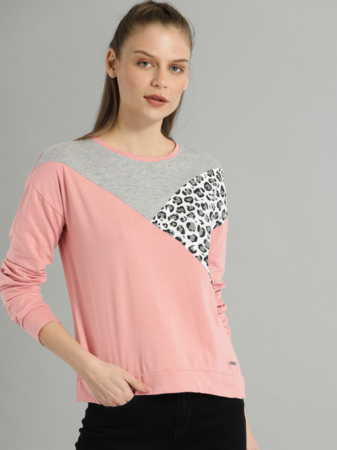 

The Roadster Lifestyle Co Women Peach-Coloured Grey Melange Colourblocked Round Neck Pure Cotton T-shirt