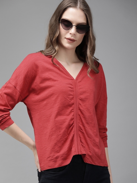 

Roadster Women Red Solid Pure Cotton Top